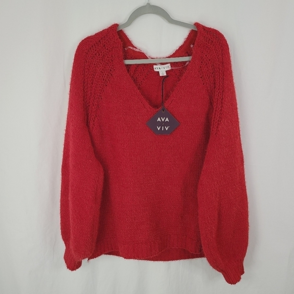Ava & Viv Red Sweater 1X 16/18 Wide Knit Balloon Sleeve V-Neck Christmas NEW
